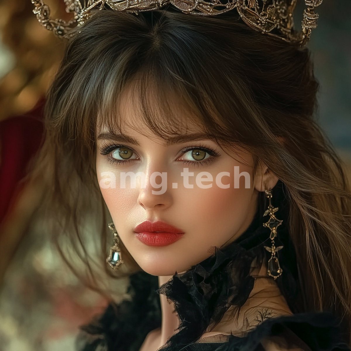 A young woman in black lace regards the viewer with quiet composure beneath a jewelled crown and drop earrings of dark crystal.