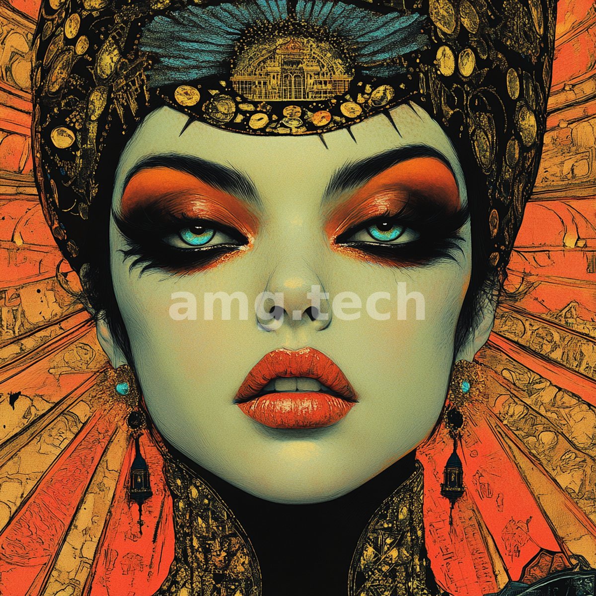 A jewel-crowned sovereign gazes with kohl-rimmed eyes against a burst of vermilion rays, rendered in lavish gilded detail.