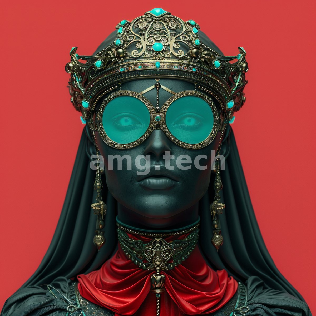 A serene sculptural figure crowned with filigree gazes through great circular lenses, her crimson mantle vivid against a scarlet ground.
