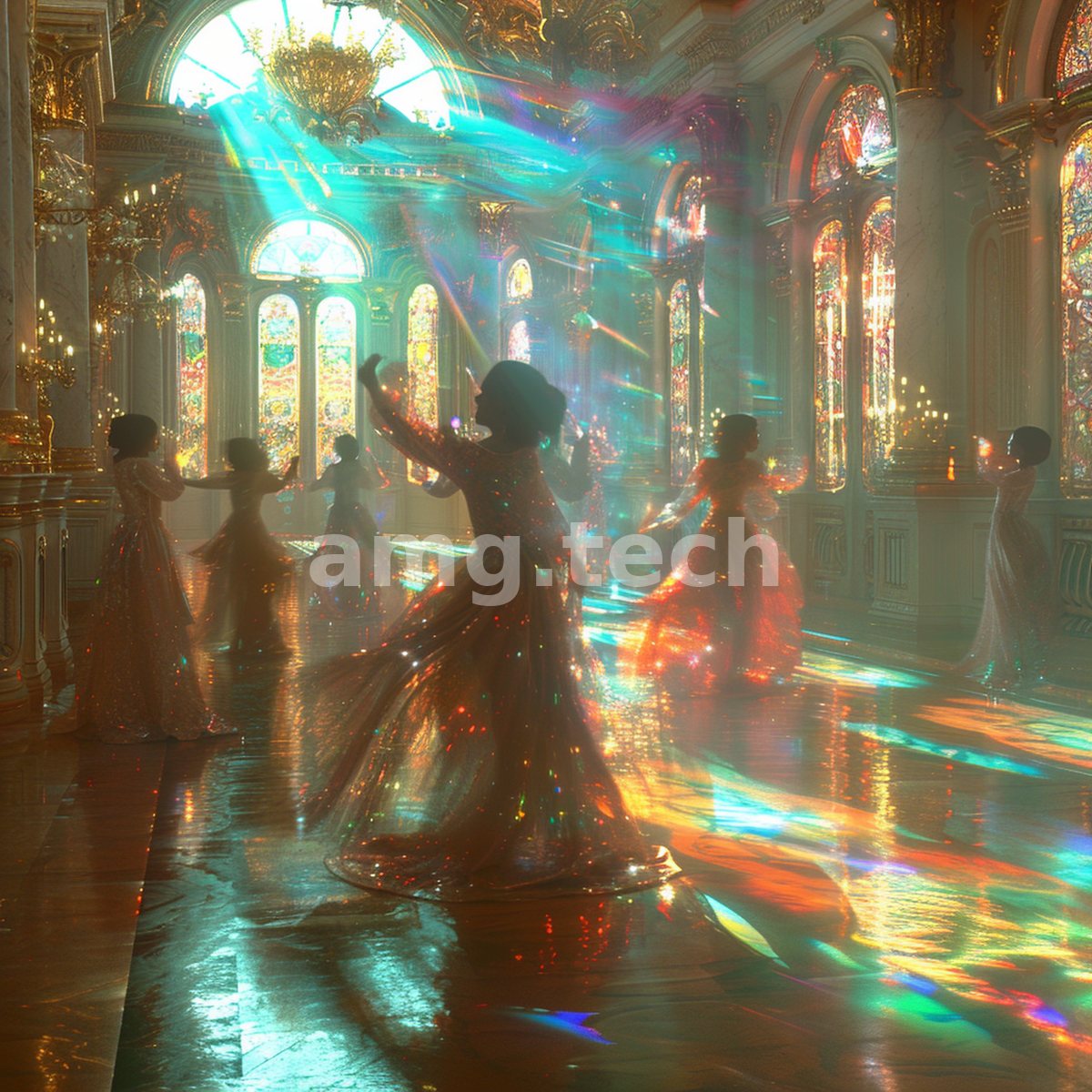 Dancers in shimmering gowns swirl through a grand hall as stained-glass light scatters rainbows across the polished marble floor.