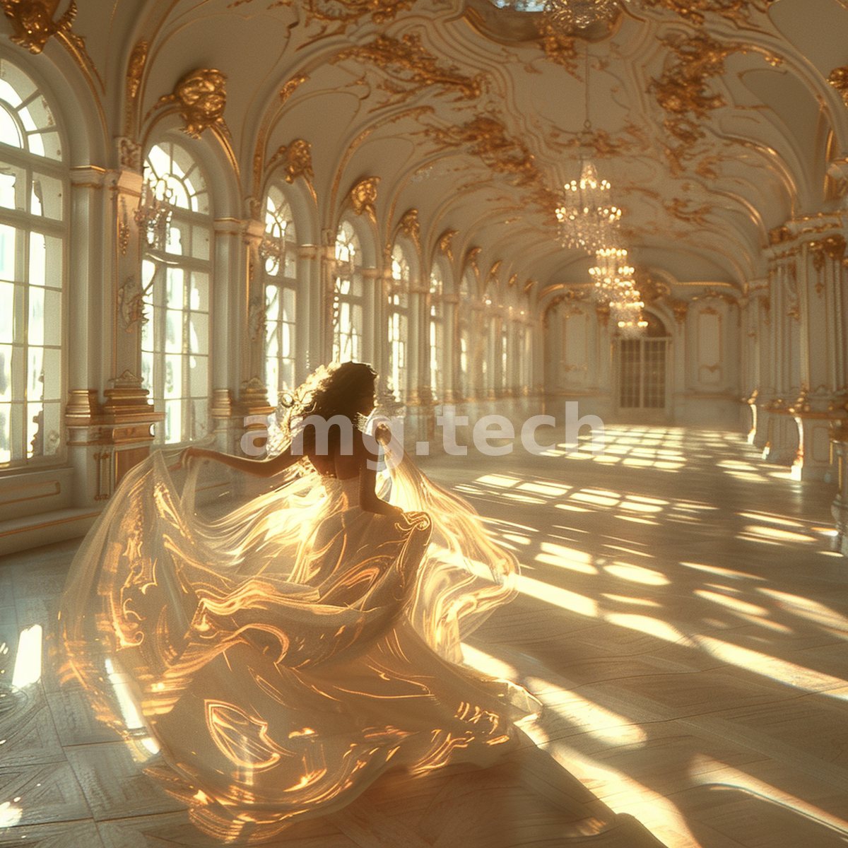 A lone dancer sweeps across a gilded palatial gallery, her luminous gown catching the amber light that pours through tall arched windows.