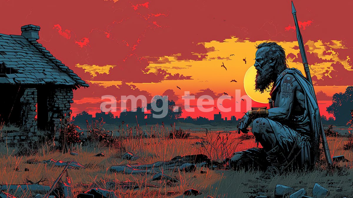 A bearded wanderer with a spear kneels beside a ruined cottage as a blood-red sun sinks over the wild horizon.