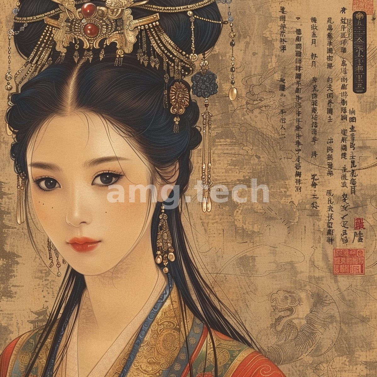 An imperial court lady in jewelled headdress gazes softly from a weathered parchment adorned with calligraphy and a coiled dragon.