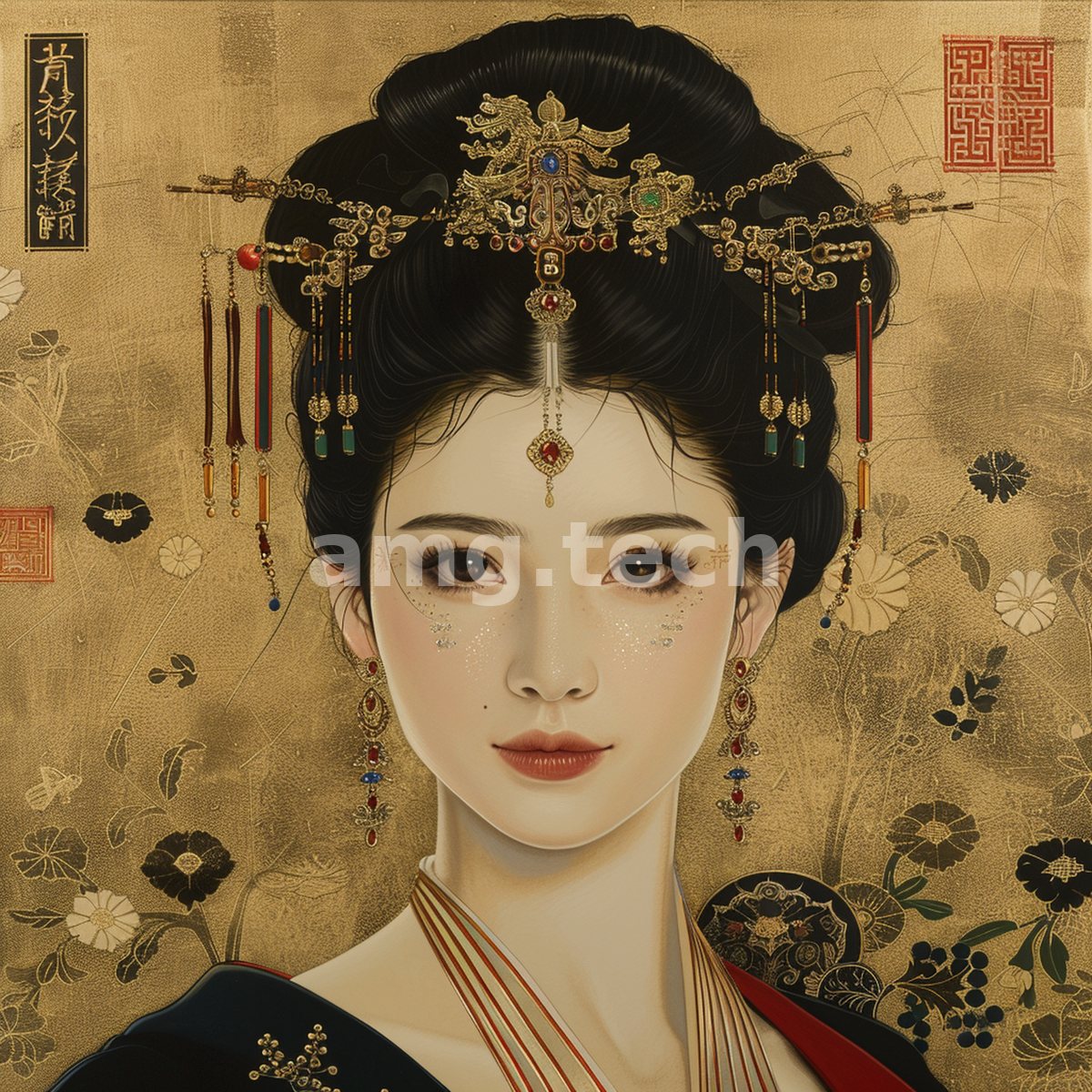 A poised noblewoman crowned with cascading golden ornaments presides over a gilded ground of chrysanthemums and drifting blossom.