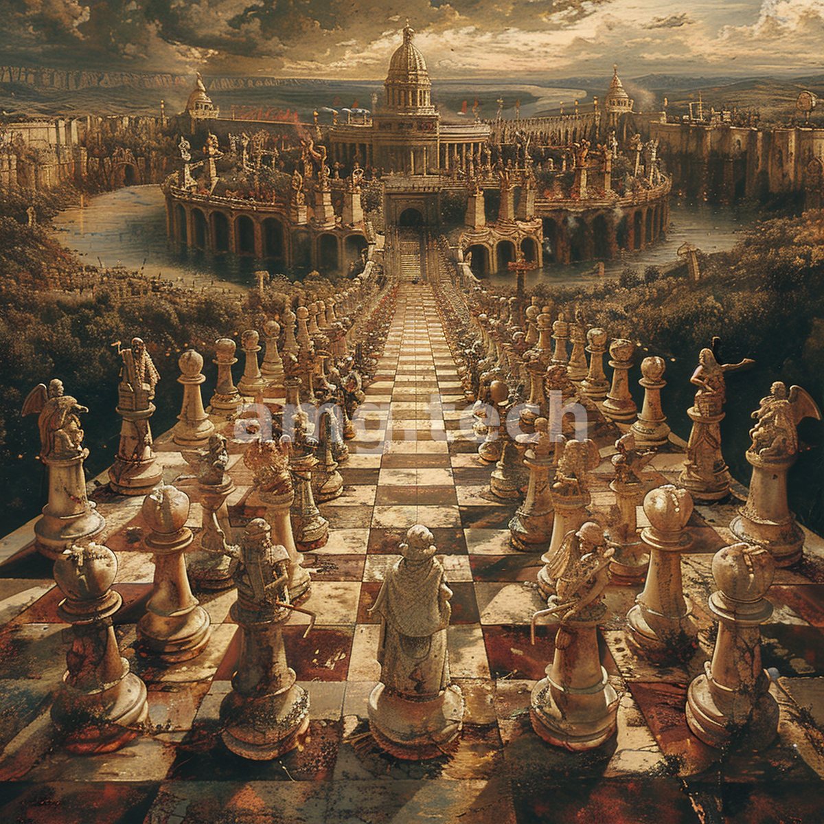 Colossal chess armies stretch toward a domed palace across a vast board, an allegory of empire staged as an endless contest.