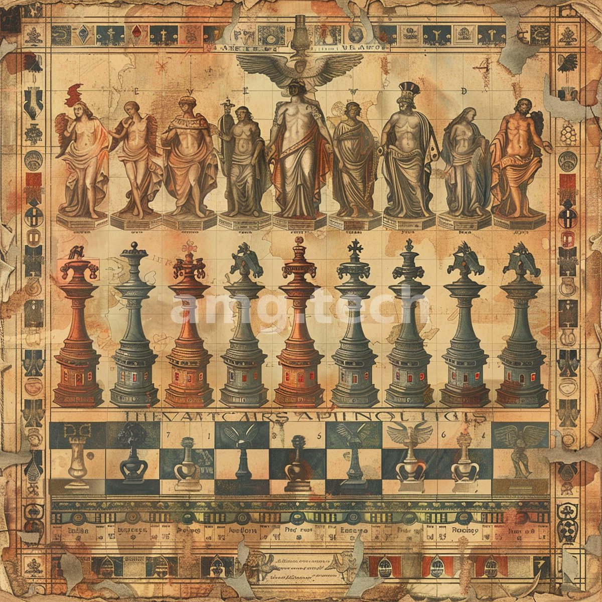 An antique gaming plate arrays classical deities above ranked chess towers, its weathered borders crowded with heraldic emblems and script.