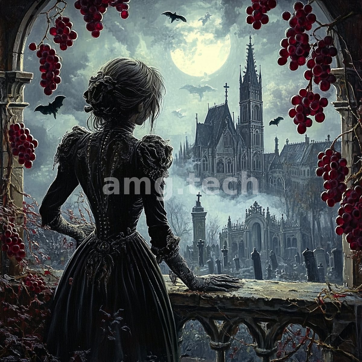 A gowned figure surveys a moonlit Gothic cathedral and graveyard from a vine-framed balcony as bats wheel through the mist.