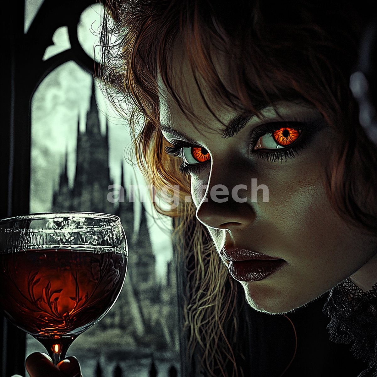Amber-eyed and rapt, a woman lifts a goblet of dark wine before a shadowed spire, her gaze charged with predatory intent.