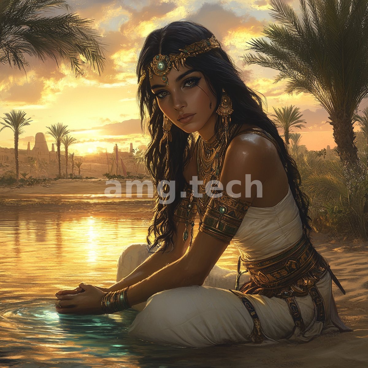 An adorned Egyptian noblewoman kneels at the water's edge, her golden regalia catching the last amber light over palm-fringed dunes.