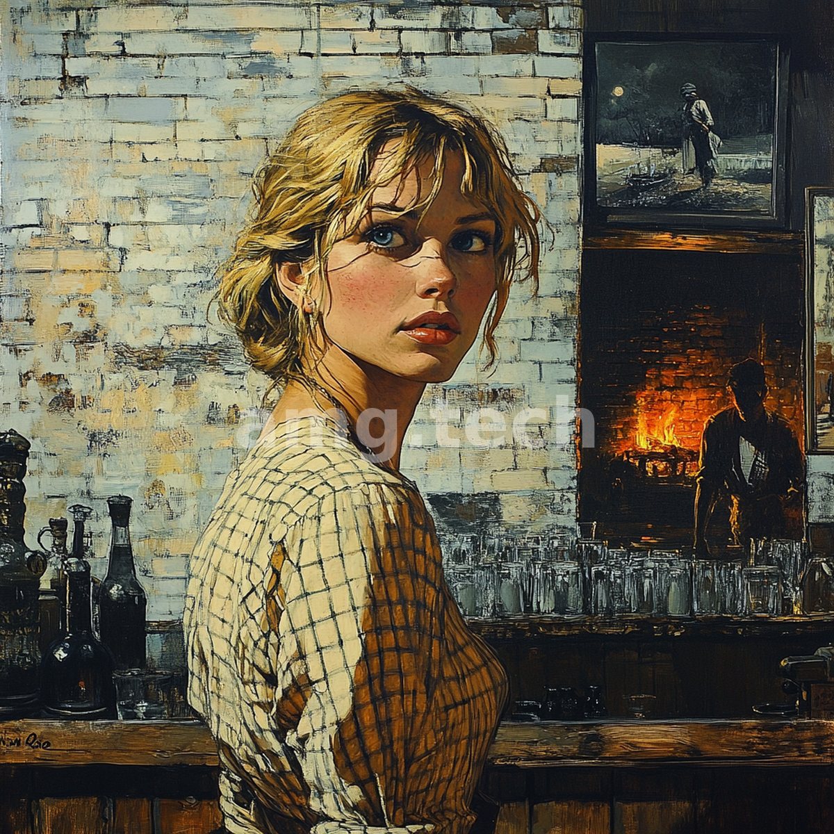 A young woman turns from a firelit bar, glasses gleaming behind her, in a richly textured painterly scene of quiet unease.