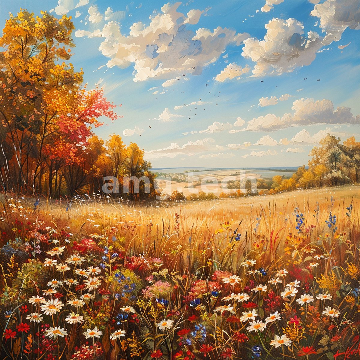 Wildflowers crowd a golden field beneath drifting clouds, the turning trees glowing amber against a bright, expansive sky.