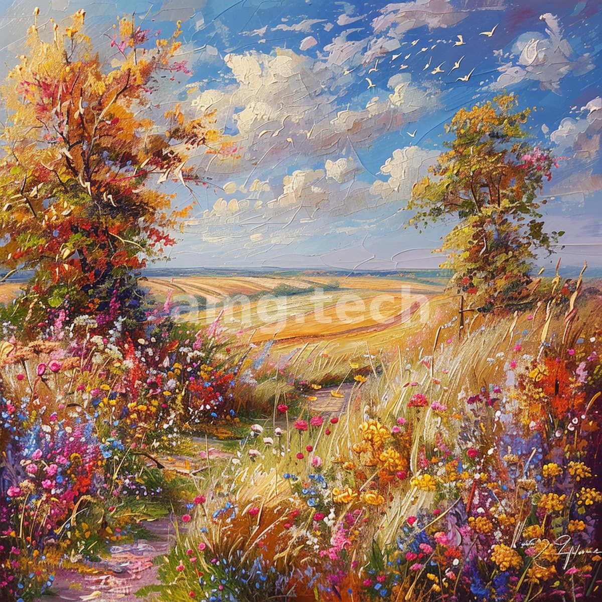 An impasto meadow of tangled wildflowers frames a winding path toward rolling fields under a breeze-swept summer sky.