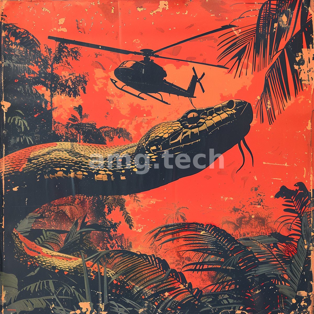 A vintage screenprint pits a colossal snake against a hovering helicopter above the jungle canopy in searing crimson and black.