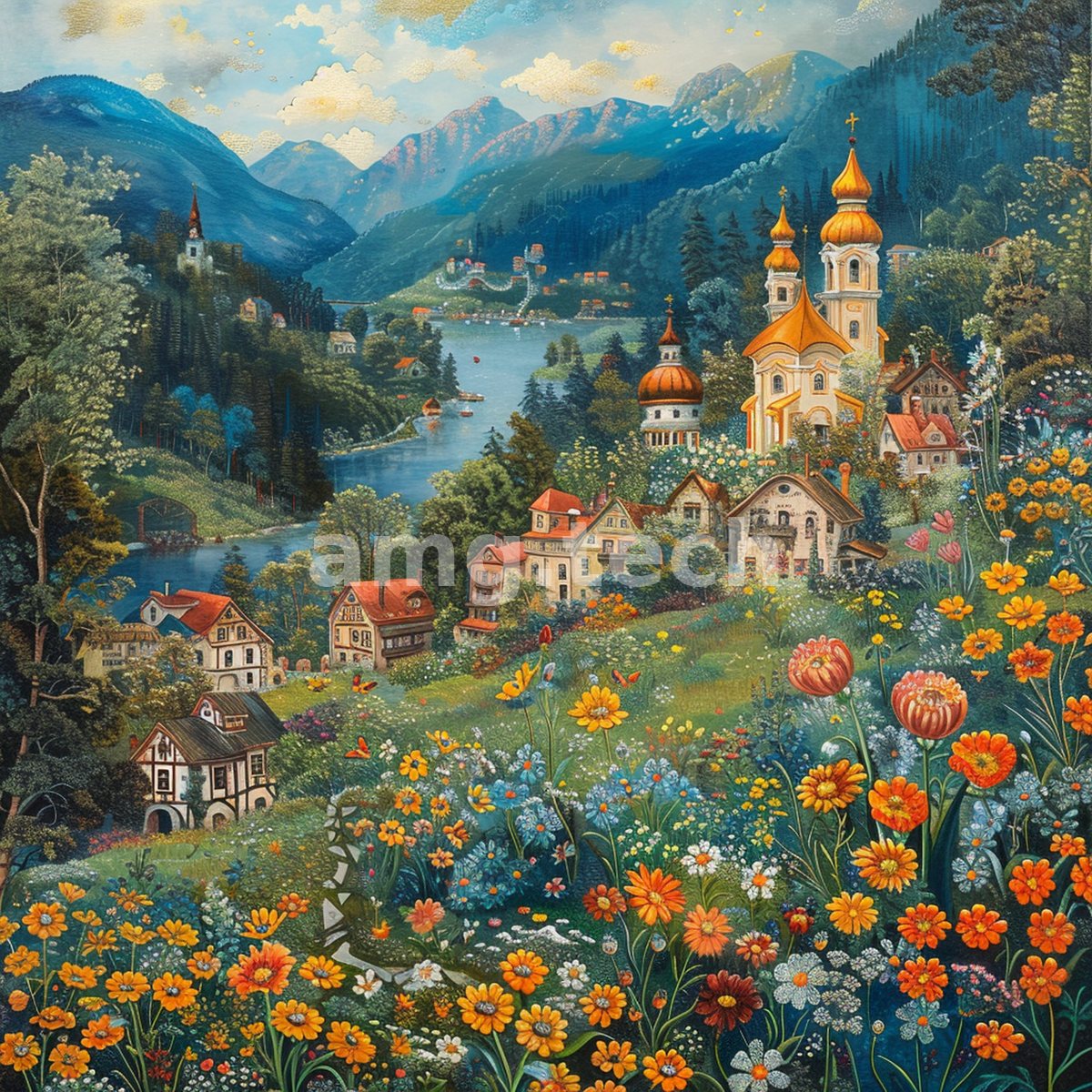 A folk-style idyll of golden-domed churches and timbered houses nestled among mountains, wildflowers spilling across the foreground.