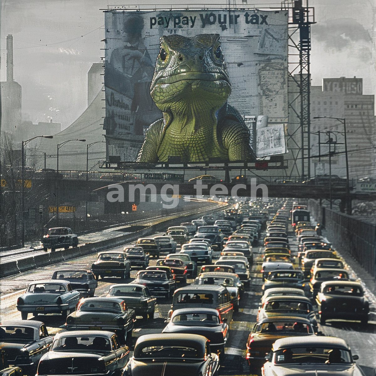 A monstrous reptile looms from a roadside billboard above endless lanes of vintage cars in a wry dystopian cityscape.