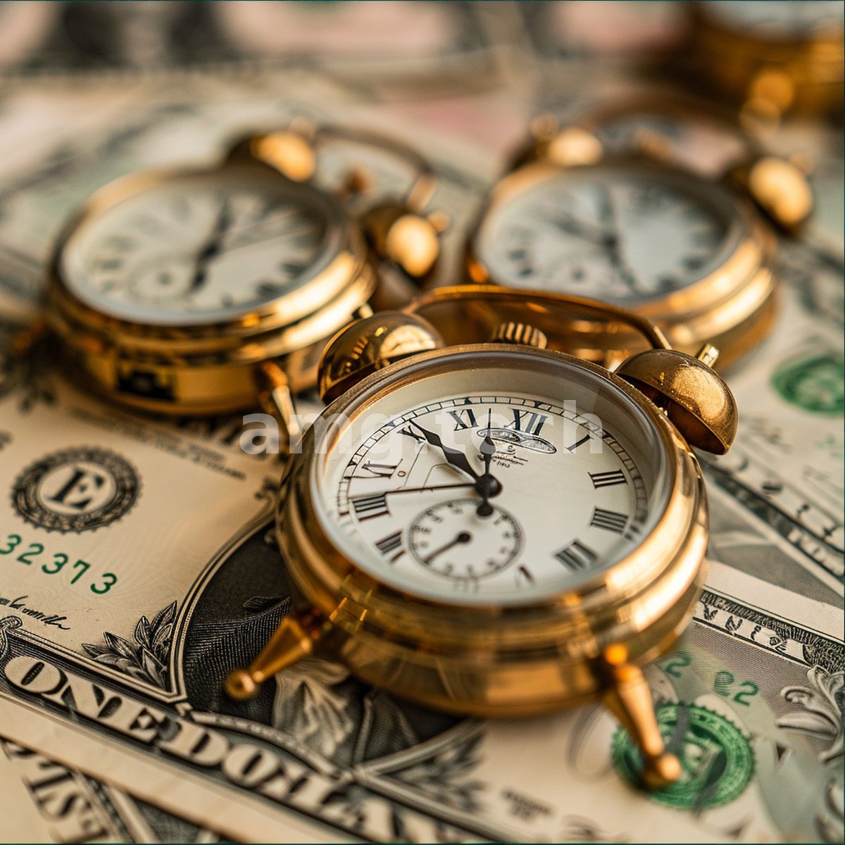 Gilded pocket watches rest upon scattered dollar bills, a luminous meditation on the currency of passing hours.