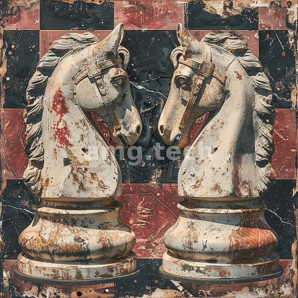 Two weathered knight chess pieces face one another across a distressed checkered board, worn to a quiet, ceremonial tension.