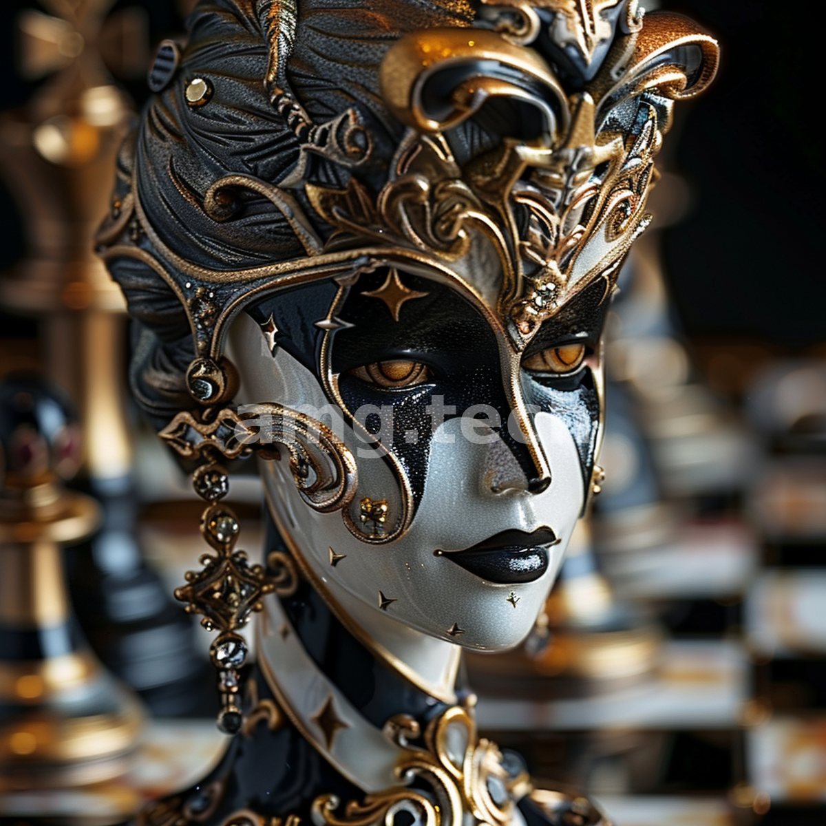 An ornate porcelain figure crowned in gilt filigree presides over a shadowed chessboard, regal and coolly enigmatic.