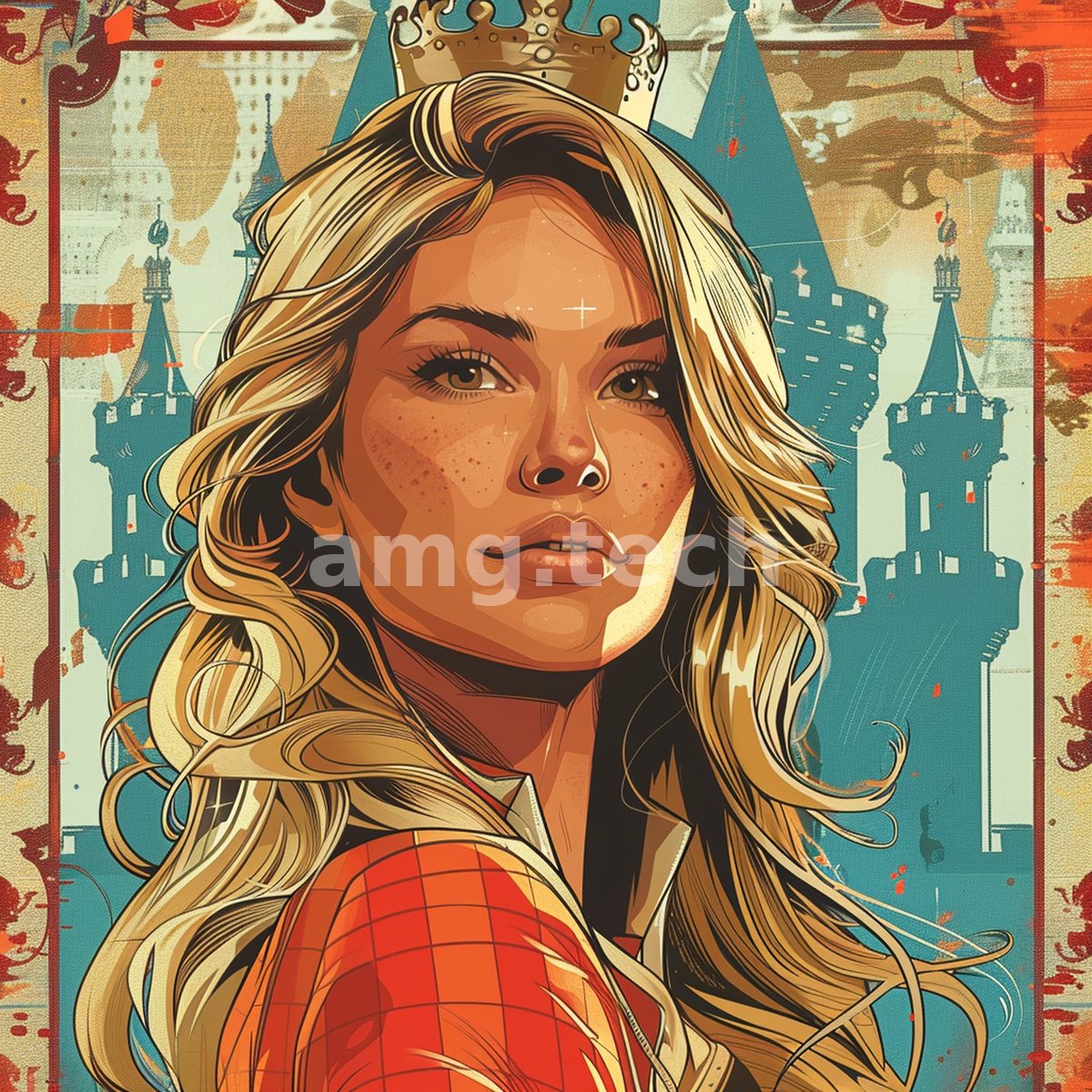 A golden-haired woman in a crown gazes out with steady defiance before stylized castle towers in bold graphic-poster color.