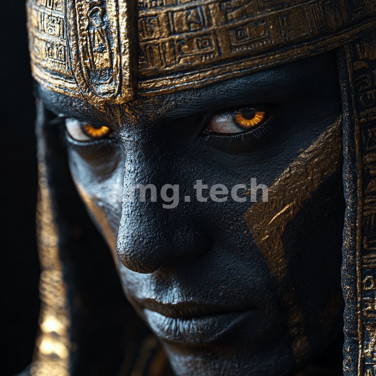 A hieratic figure crowned in inscribed gold regards the viewer with molten amber eyes, hewn from shadow and ancient stone.