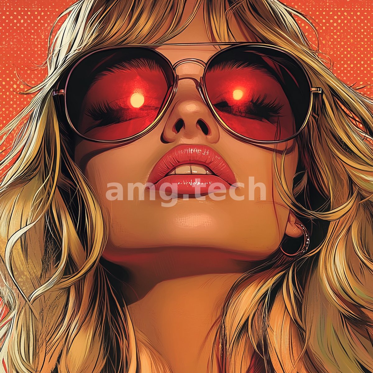 A sun-drenched blonde tilts skyward behind mirrored red aviators, her lips parted in a pop-art reverie of heat and glamour.