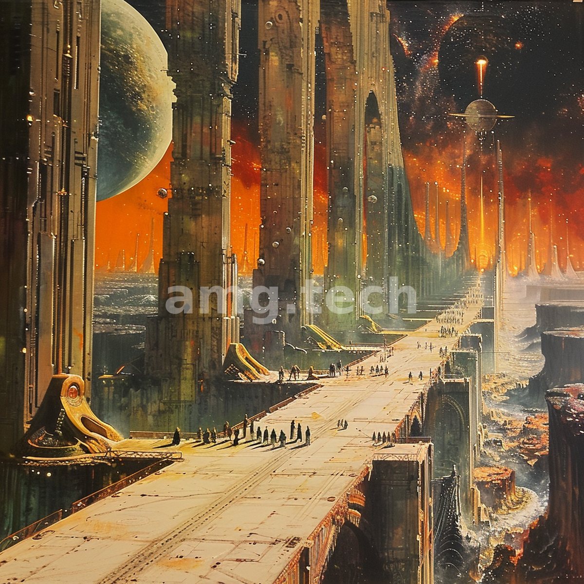 An immense colonnaded viaduct carries distant travellers across a molten alien vista beneath a looming moon and ringed planet.