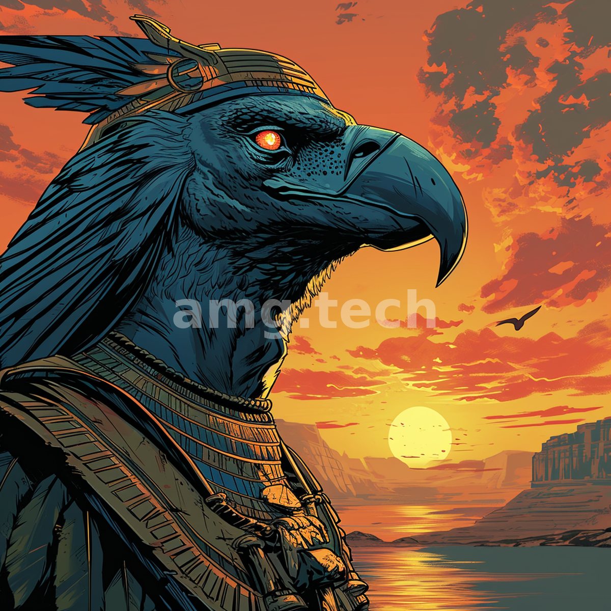 A vulture-headed sentinel in ceremonial armour surveys a burnished Egyptian dusk as the sun sinks between sandstone cliffs.