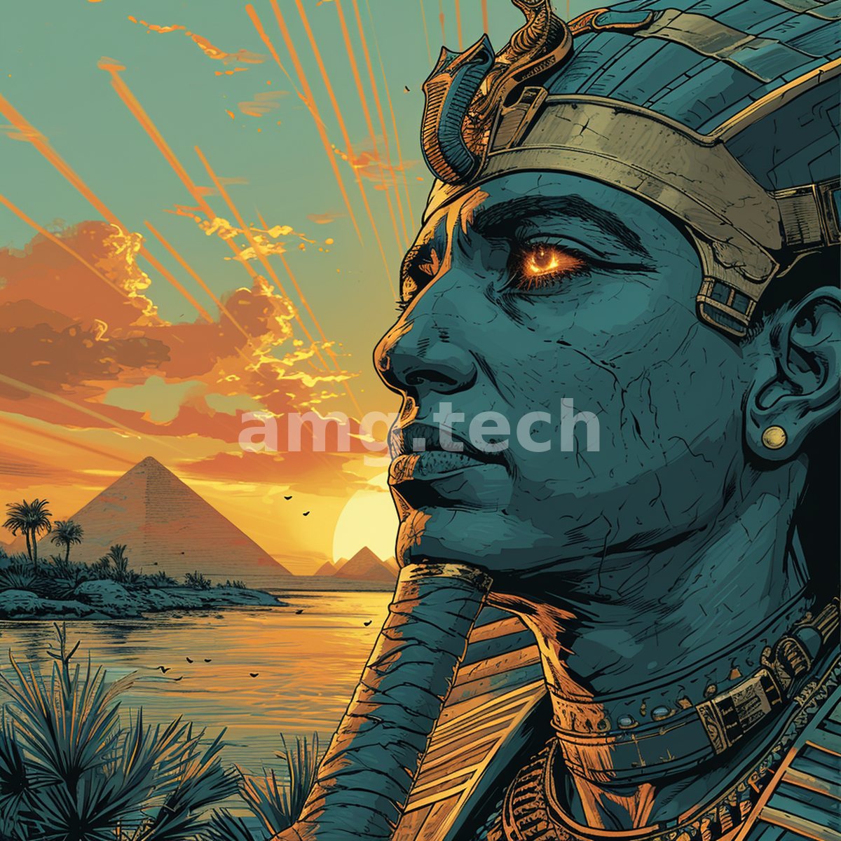 A cobalt-skinned pharaoh gazes across the Nile toward the pyramids, his golden headdress catching the last radiant light.