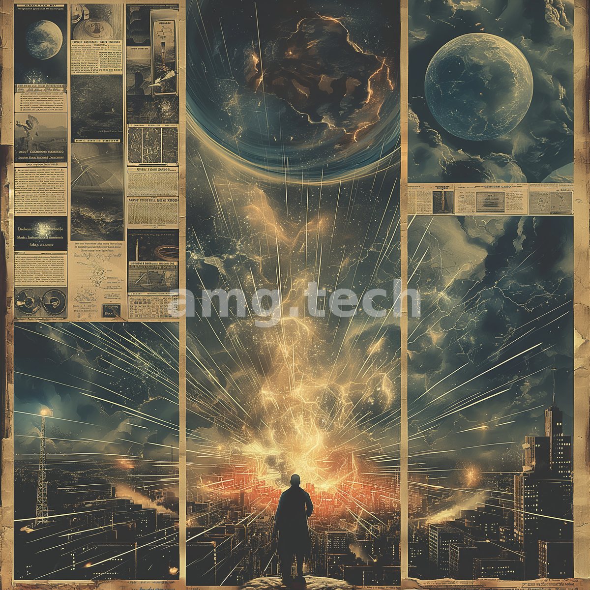 A lone figure faces a cataclysm of light above the city, framed by yellowed newsprint clippings and a brooding moon.