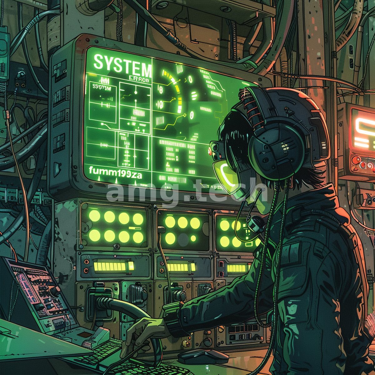 A headphoned technician works a phosphor-green console deep within a tangle of cables and glowing switchgear, bathed in electric light.