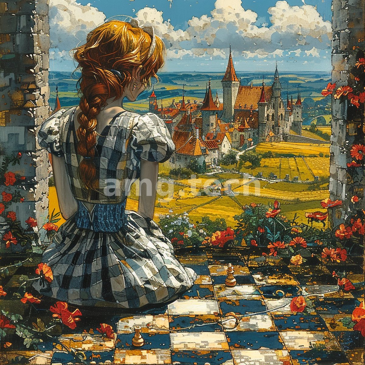 A red-haired girl in gingham sits upon a scattered chessboard terrace, gazing over poppy fields toward a turreted castle town.