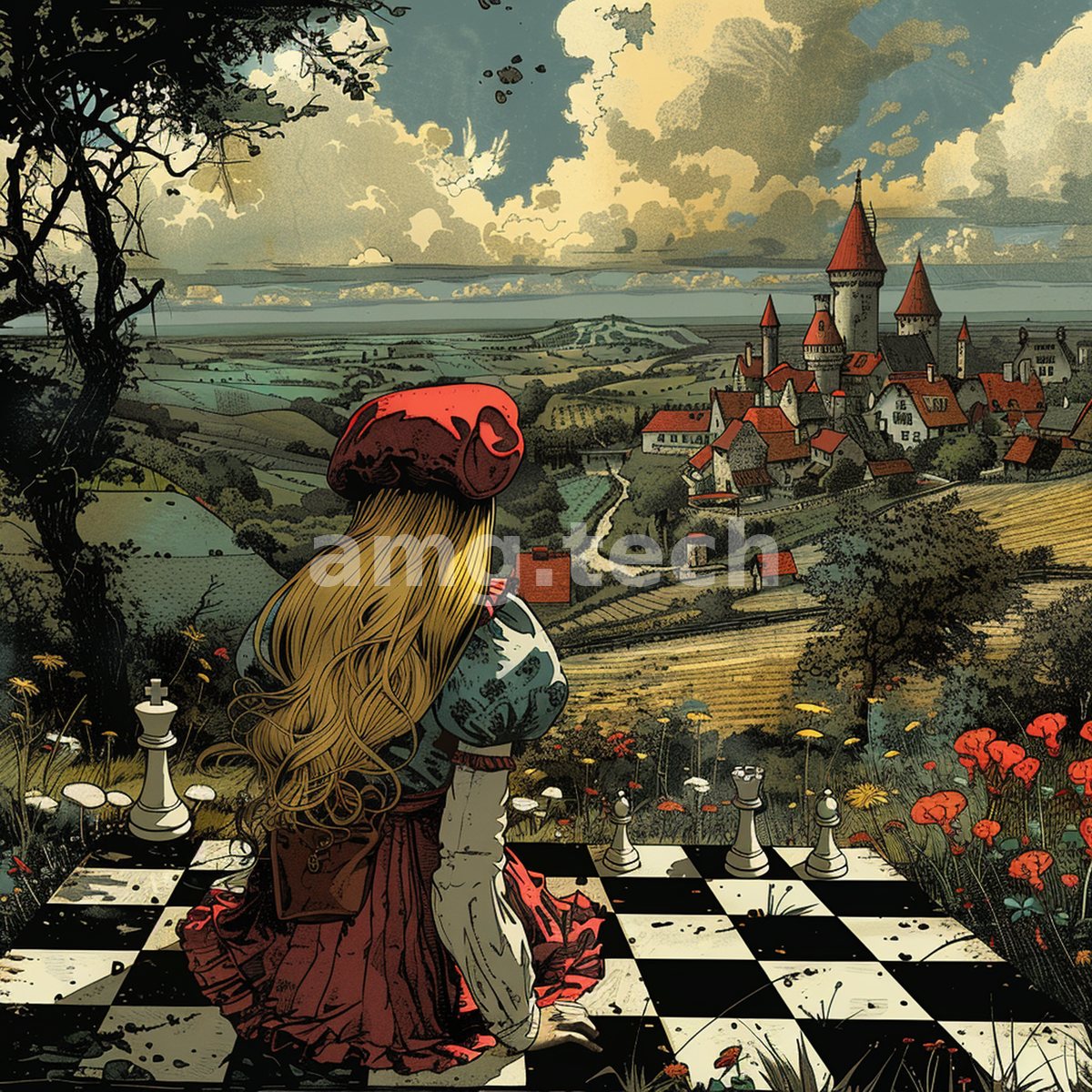 Seated on a weathered chessboard, a fair-haired figure surveys rolling farmland and a red-roofed castle beneath a stormy sky.