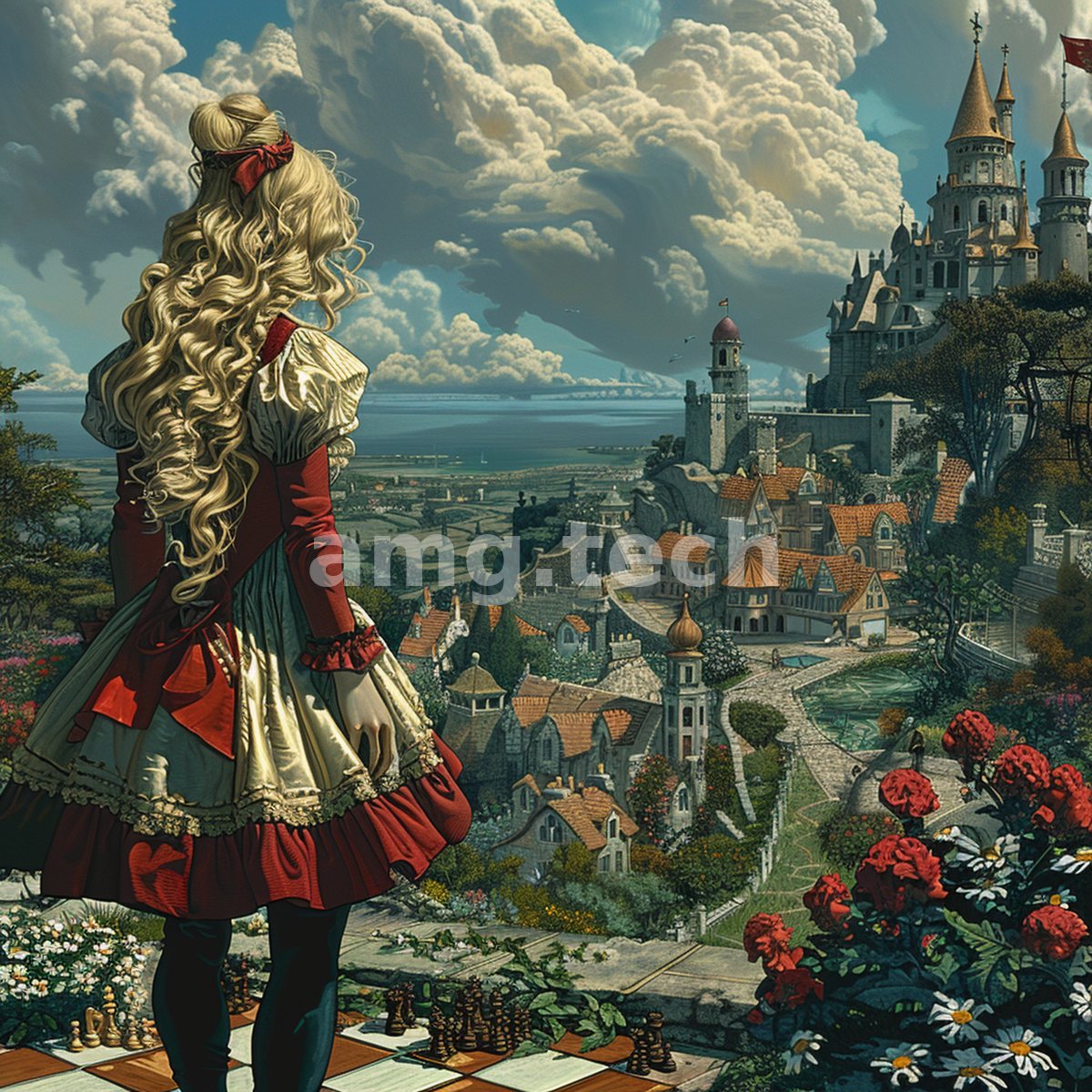 A golden-haired girl in crimson and cream stands above a fairytale town, her chessboard terrace opening onto castle spires and sea.