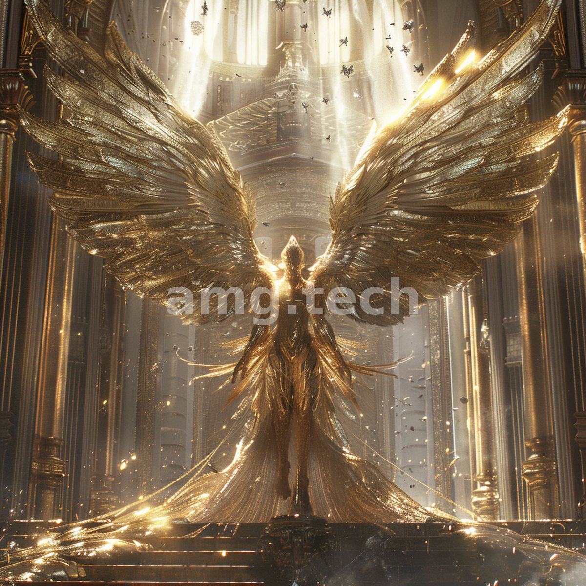 A luminous winged figure rises within a cathedral of light, wings spread in radiant filigree amid drifting golden embers.