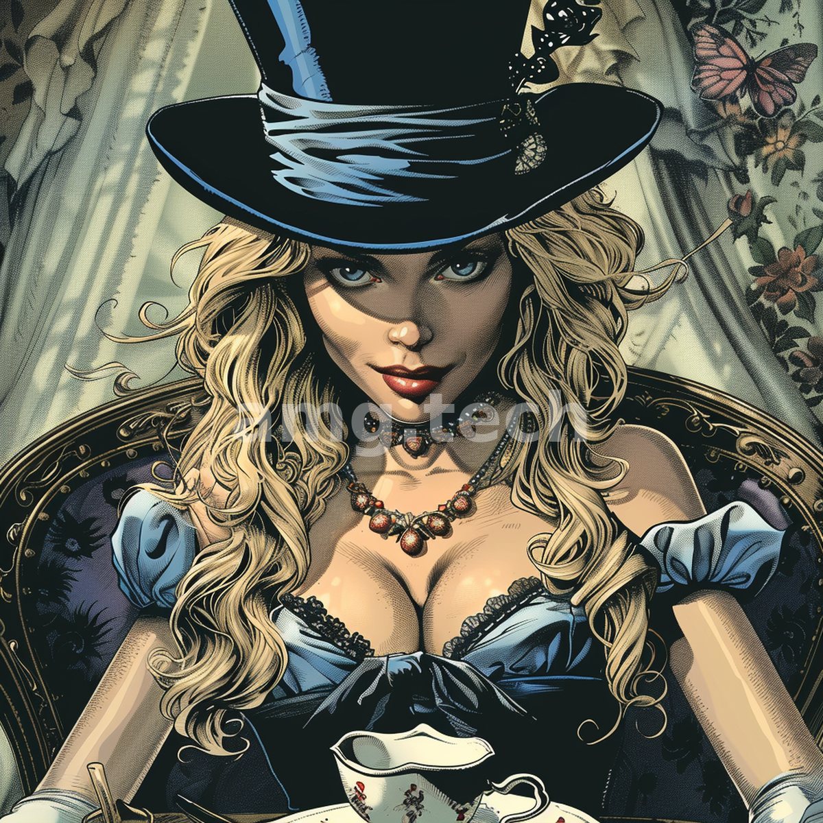 A poised blonde in a plumed top hat and blue corseted gown regards the viewer beside a delicate porcelain teacup.