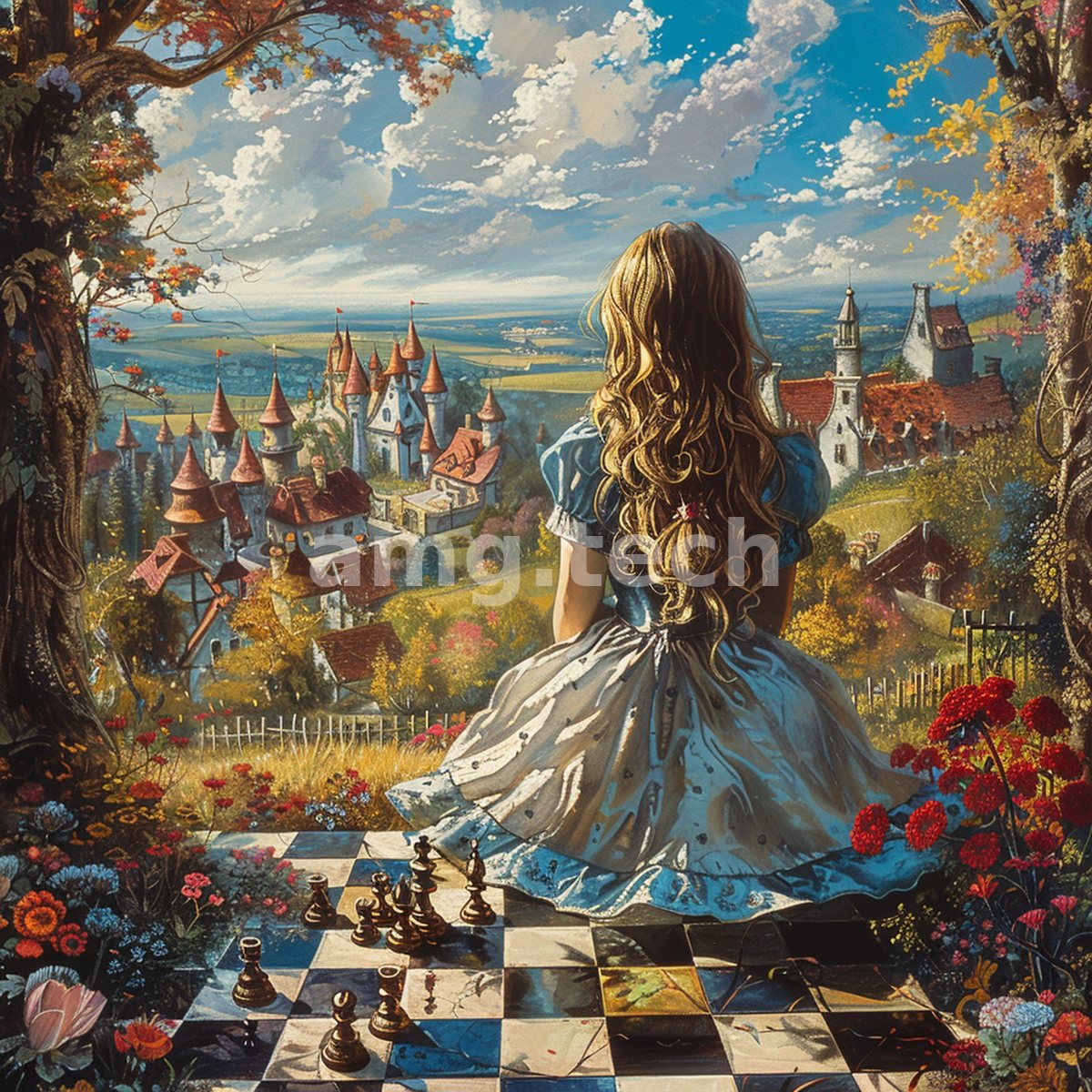 A blonde girl in blue kneels at a chessboard clearing, gazing across sunlit fields toward a distant cluster of castle turrets.