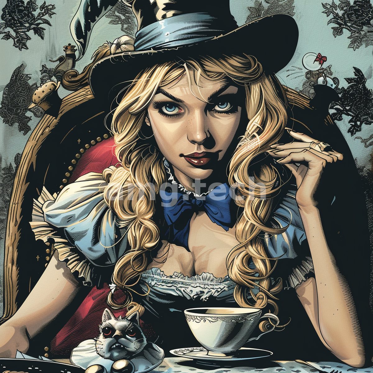 A blue-eyed blonde in a feathered hat leans over a teacup, a grumpy grey kitten at her elbow amid gothic wallpaper.