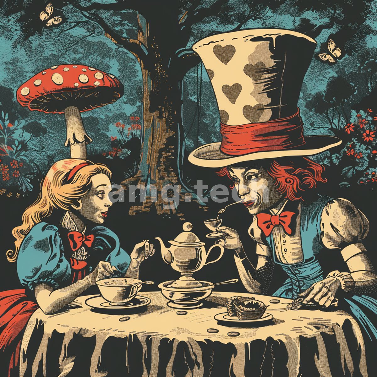 Beneath a scarlet toadstool, a girl and a top-hatted host share a woodland tea in vivid pop-illustrated colour.