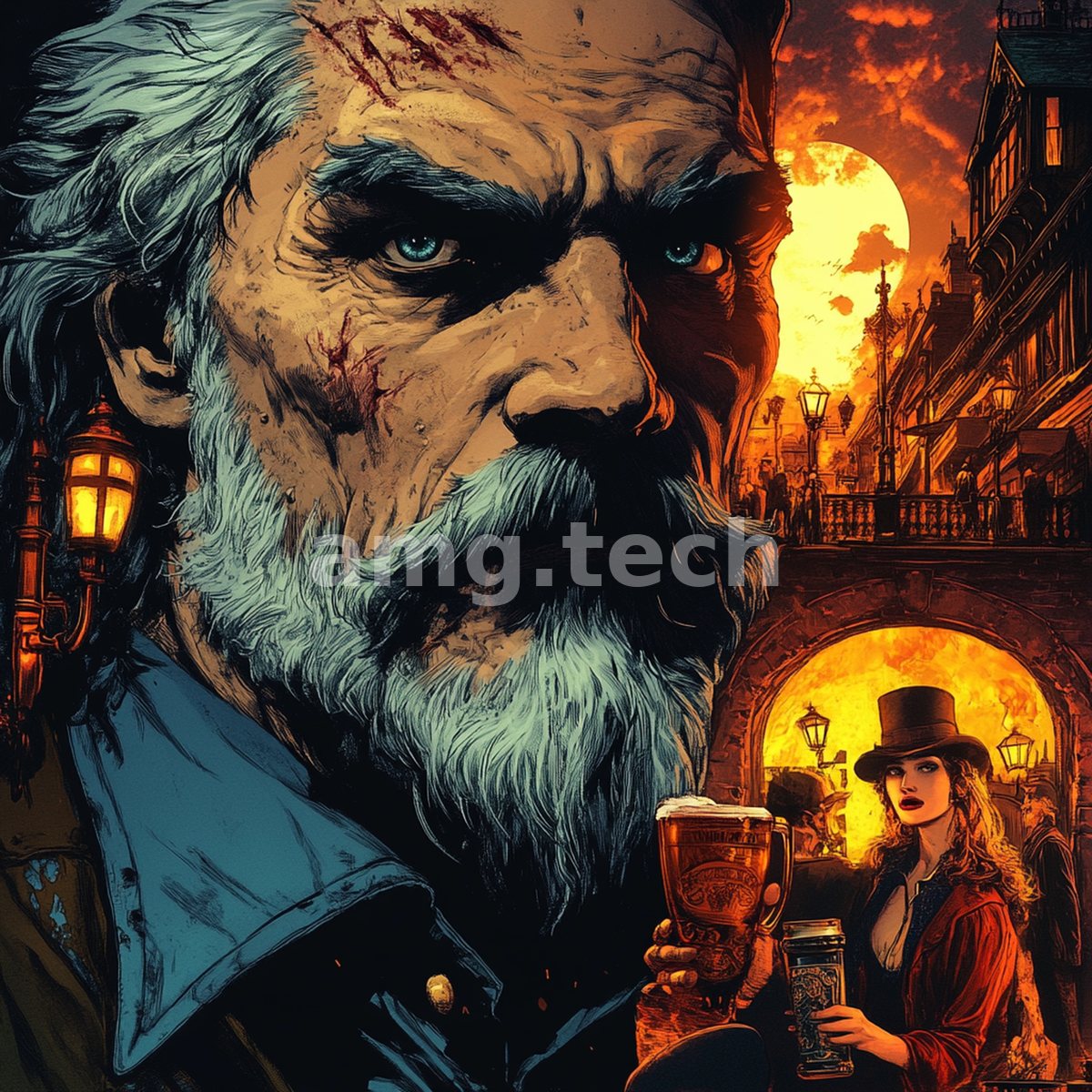 A scarred, silver-bearded elder surveys a gaslit Victorian street at dusk while a woman in a top hat raises her ale below.