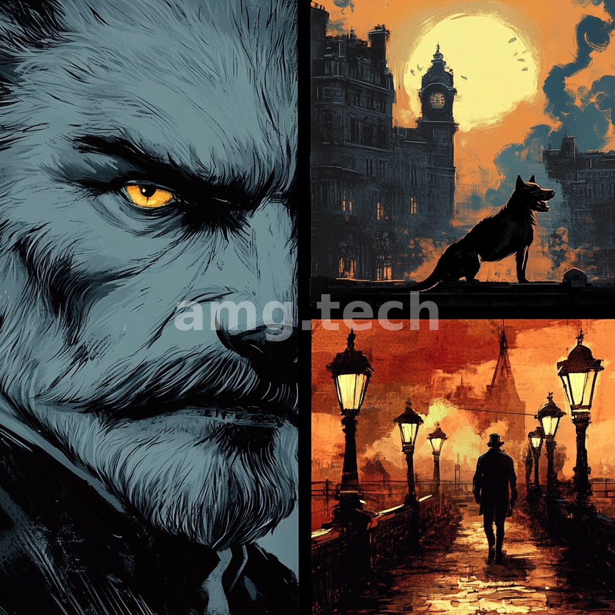 A stern golden-eyed patriarch, a loyal hound beneath a moonlit clocktower, and a lone figure walking a lamplit bridge converge in noir harmony.
