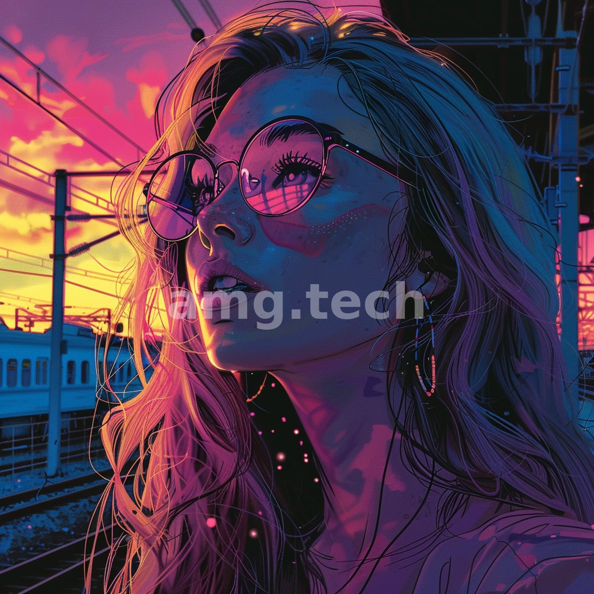 A bespectacled young woman gazes skyward against an electric magenta sunset, her features washed in the violet glow of a passing rail line.