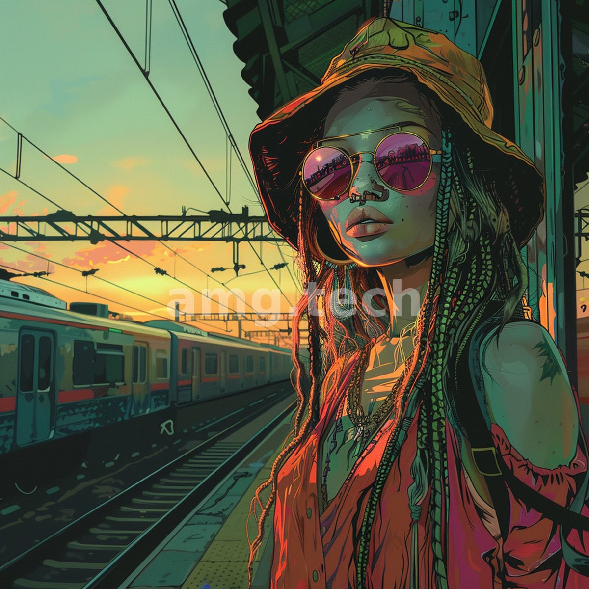 A traveller in bucket hat and tinted glasses waits beneath station wires as a commuter train glides past a burnished evening sky.