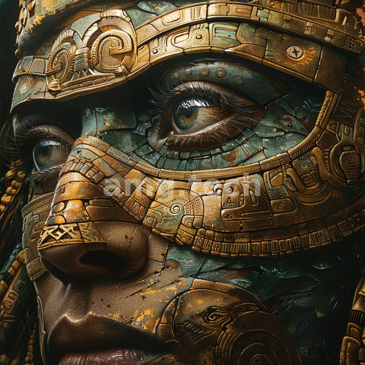 An intimate portrait fused with carved jade and gilded glyphs, the human gaze emerging from the weathered relief of an ancient mask.