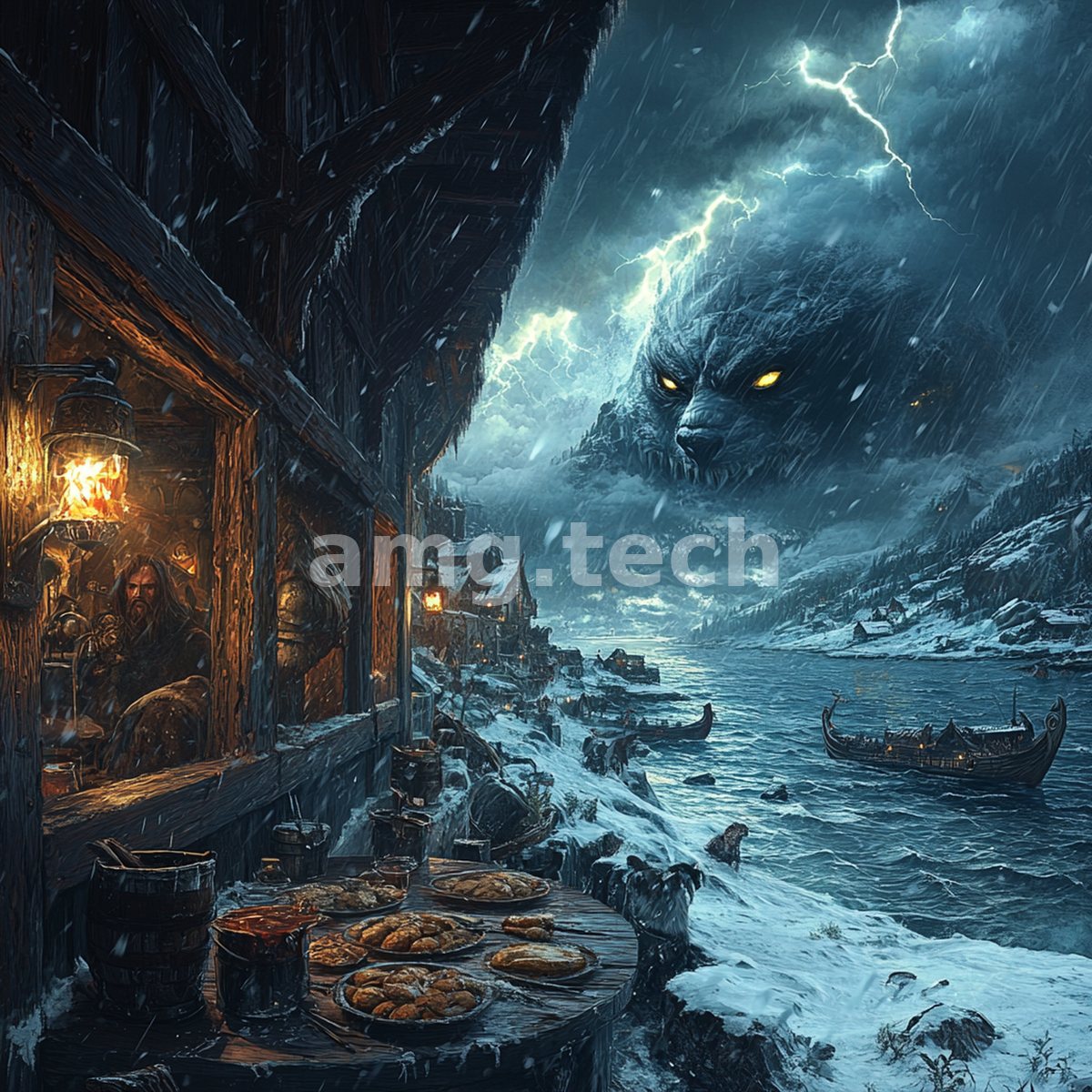 From a firelit longhouse a warrior beholds a spectral wolf looming over a snowbound fjord as longships ride the black winter sea.