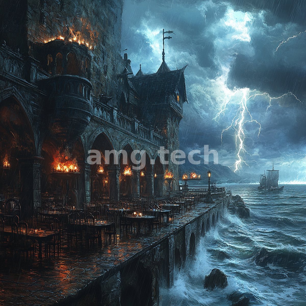 Lightning splits the sky above a torchlit fortress terrace as candlelit tables face a churning sea and a distant sail.