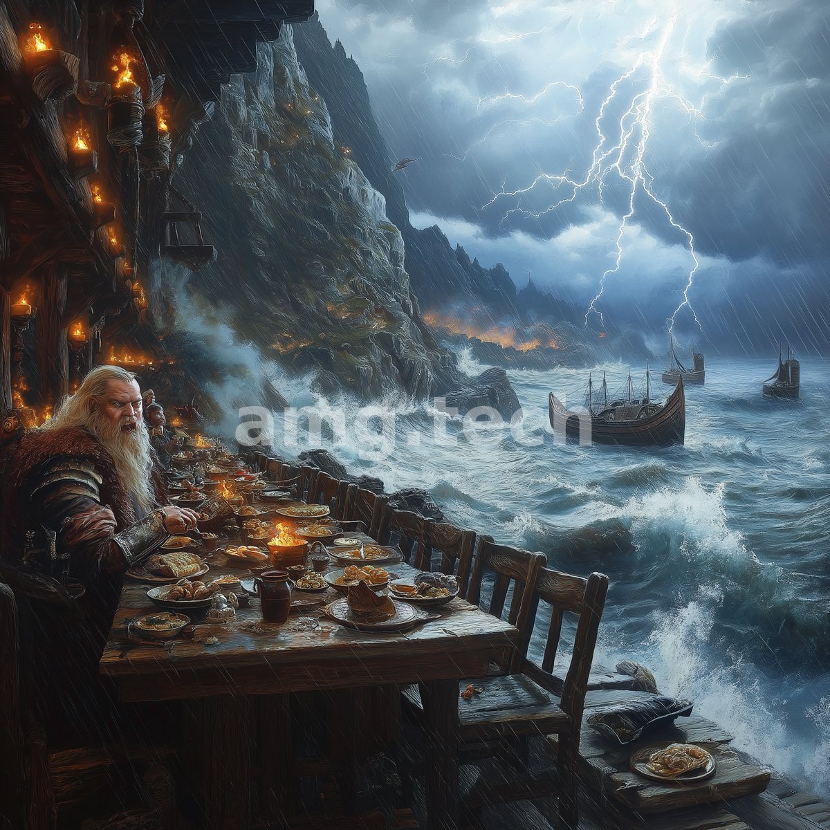 A white-bearded chieftain presides over a laden table on a cliffside terrace as tempest, fire, and longships rage across the sea.