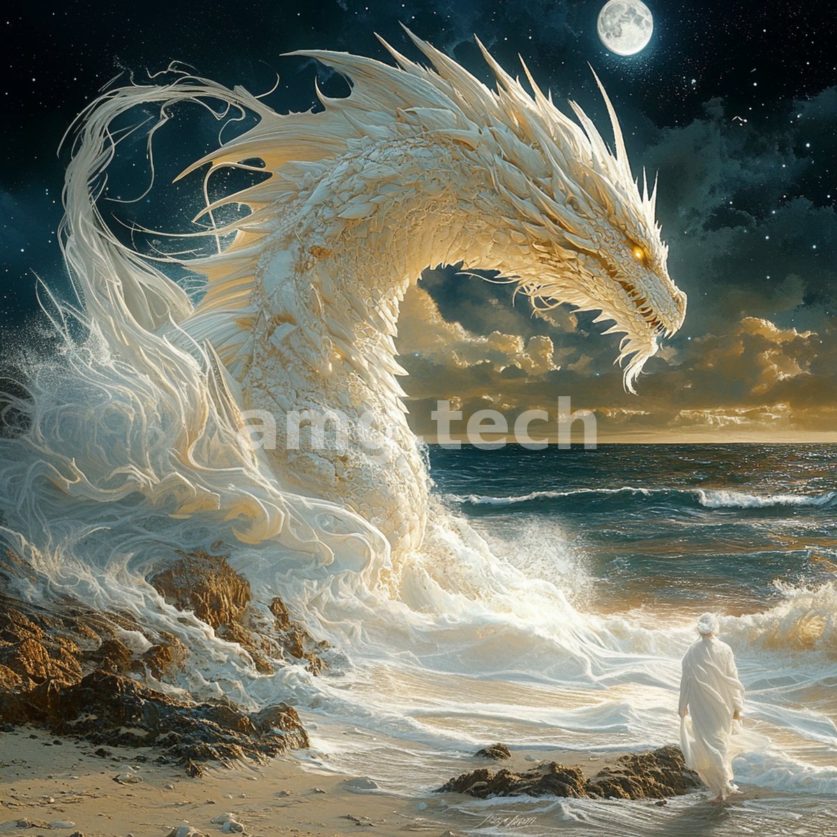 A luminous dragon rises from the foaming surf beneath a full moon as a robed figure stands transfixed upon the moonlit shore.