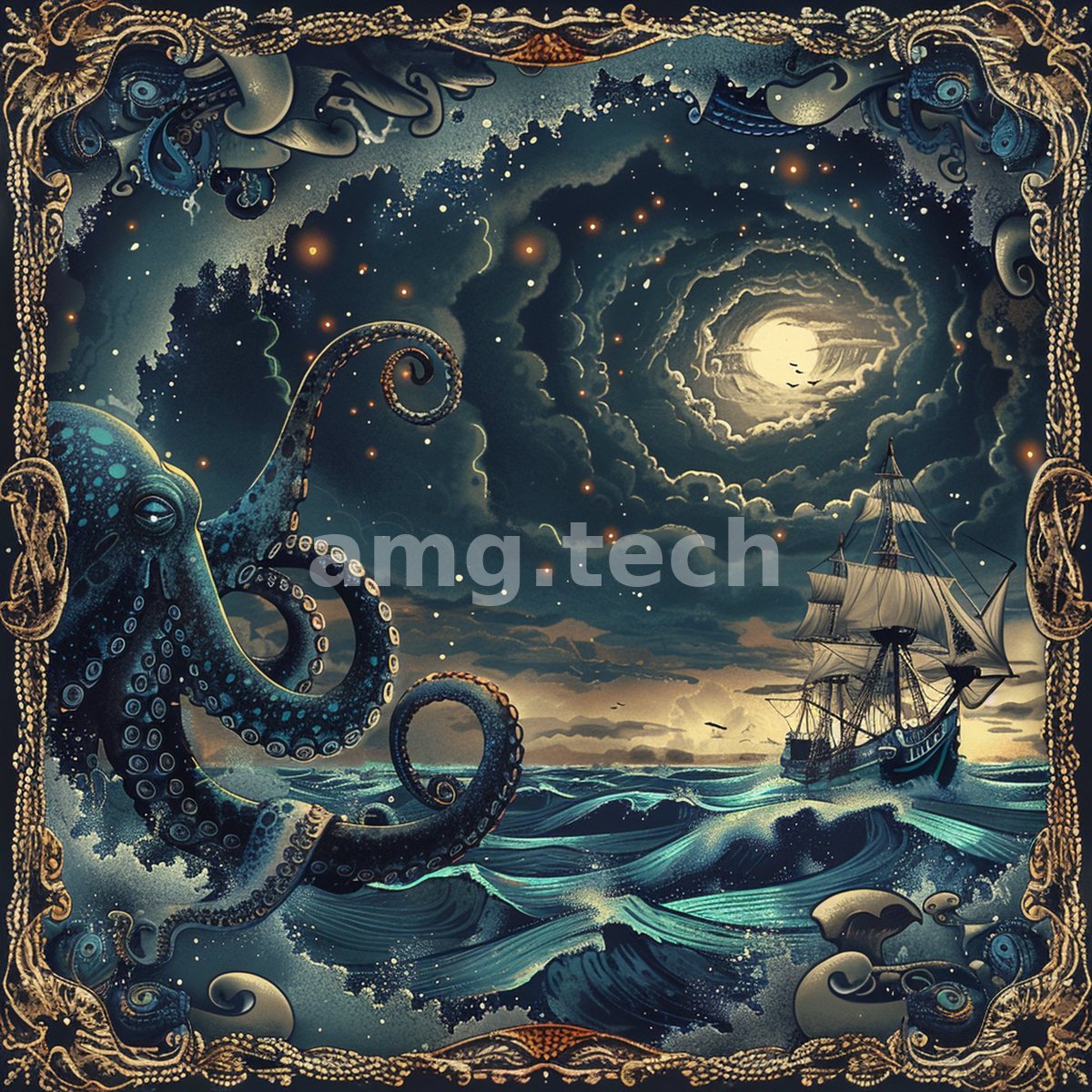 Within an ornate bordered vignette, a great octopus reaches toward a tall ship as a swirling celestial vortex churns overhead.