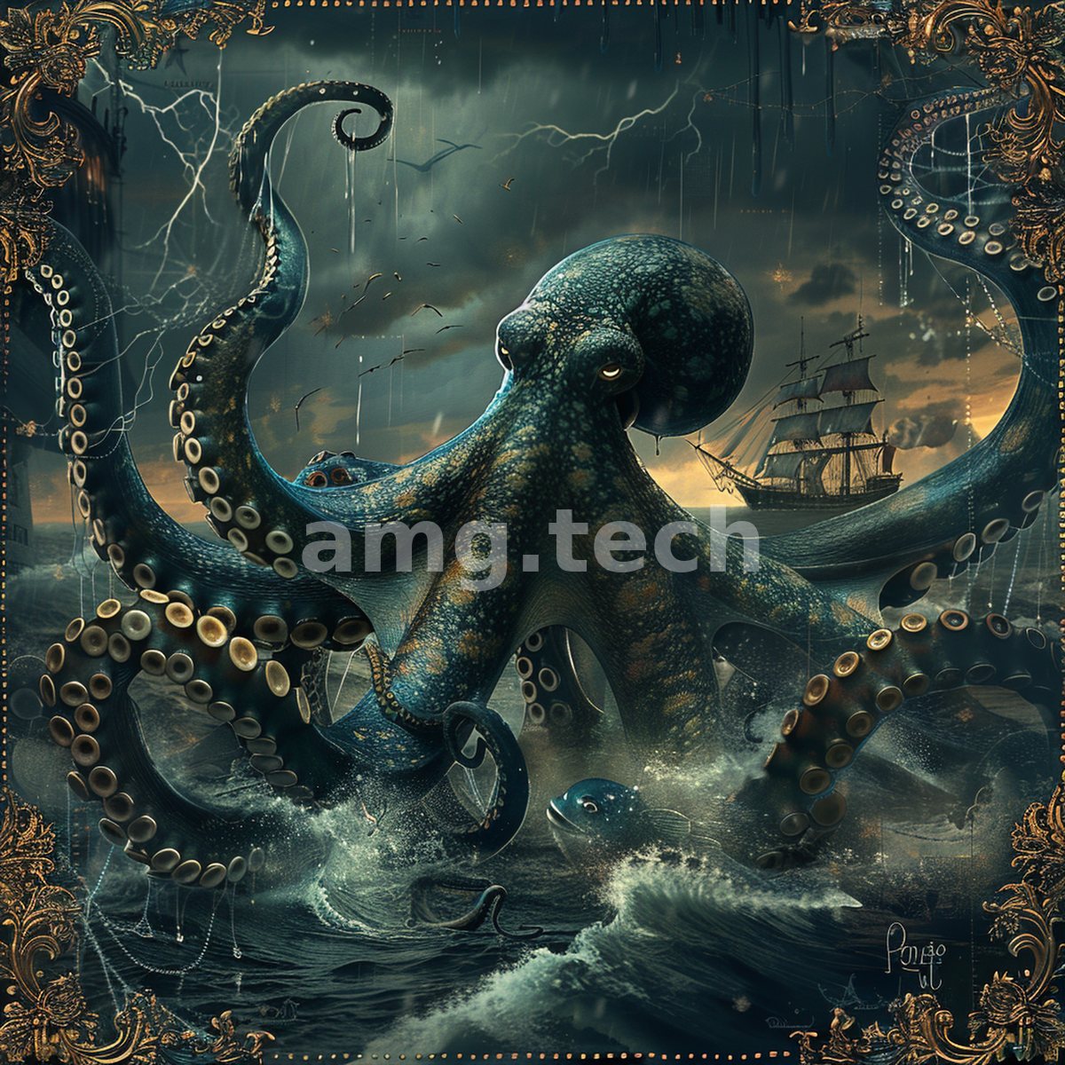 A colossal octopus rears from storm-lashed waters beside a beleaguered galleon, framed by gilded baroque scrollwork and forking lightning.