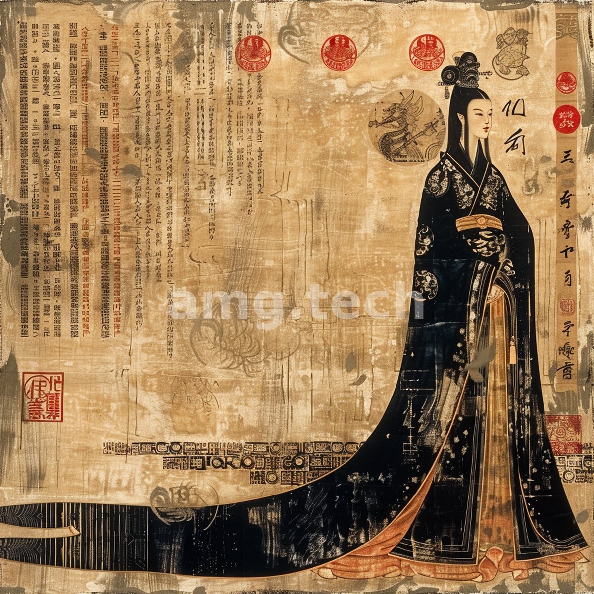 An elegant court lady in a flowing dark robe stands amid aged calligraphy and crimson chops, a study in antique Eastern grace.